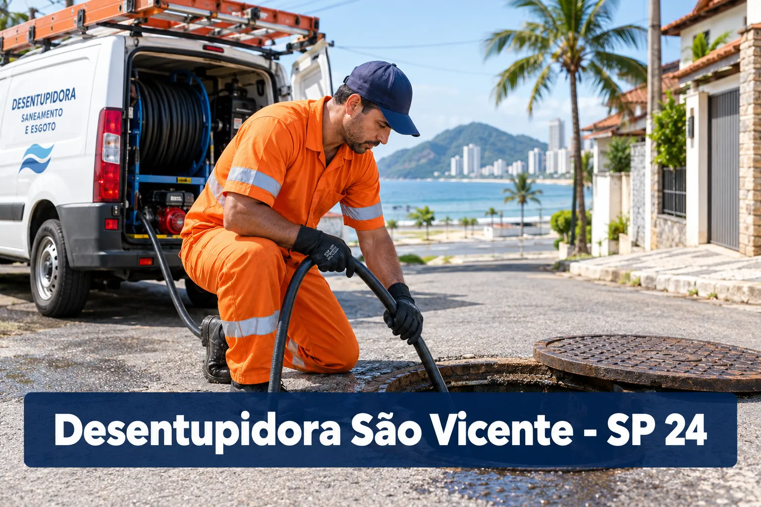 Professional () hero image with SHORT (≤42 chars): 'Desentupidora São Vicente - SP 24', white on a dark navy