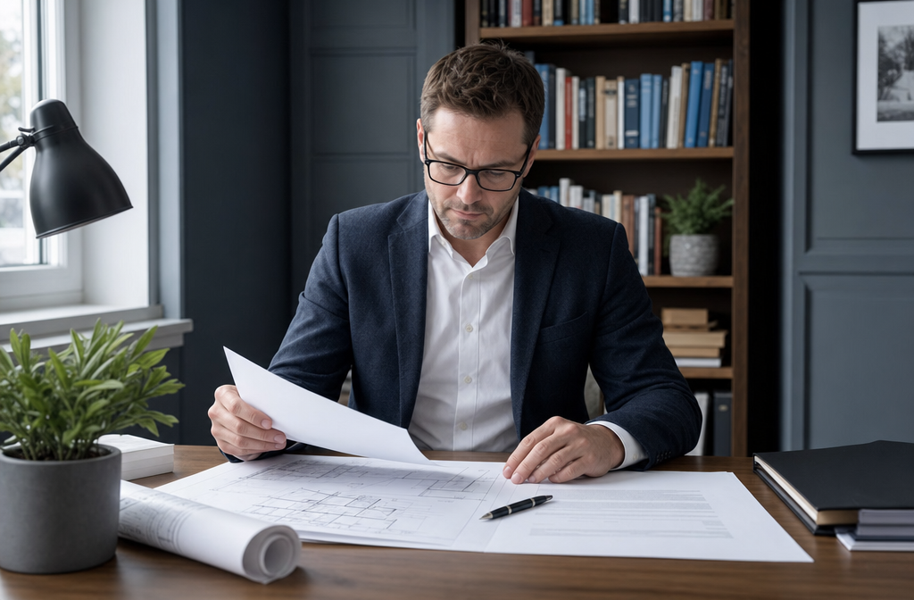 Wide-angle editorial photograph of a professional party wall surveyor seated at a wooden desk reviewing architectural