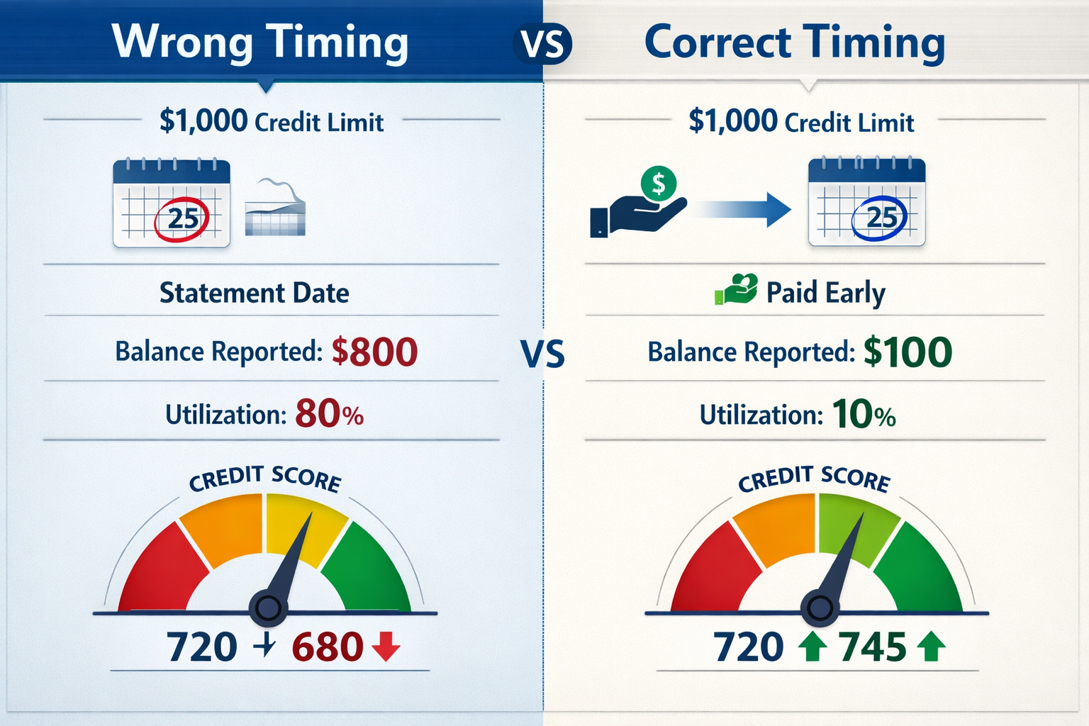 Landscape format (1536x1024) split-screen comparison table visualization showing two credit card scenarios side by side. Left side labeled '