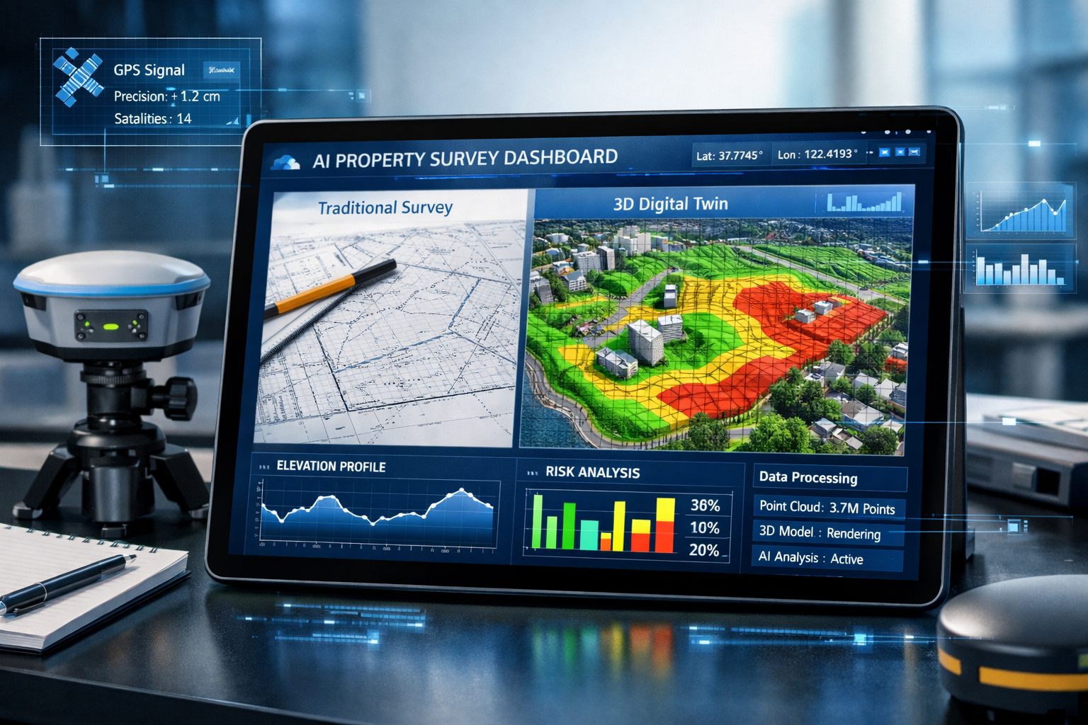 Detailed () image showing close-up of professional tablet screen displaying AI-powered property survey dashboard with