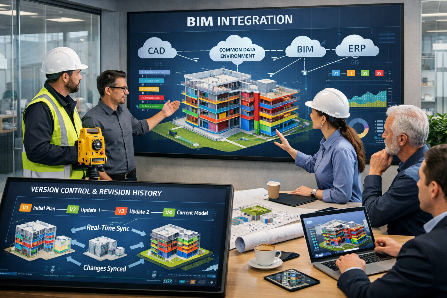 Detailed () image depicting collaborative workspace with large wall-mounted screen showing Building Information Modeling