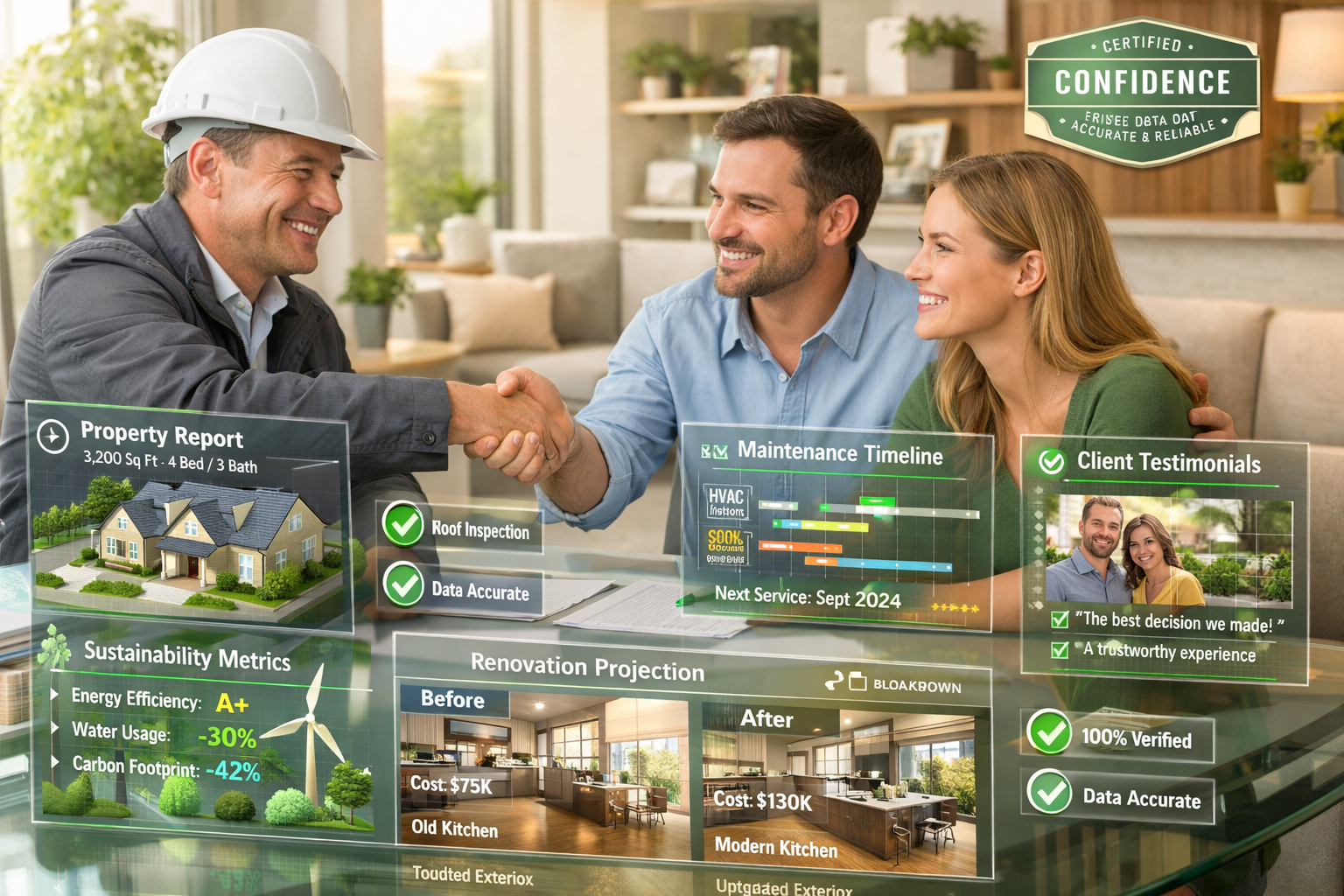 Detailed () image showing futuristic property transaction scene with confident clients and surveyor reviewing transparent