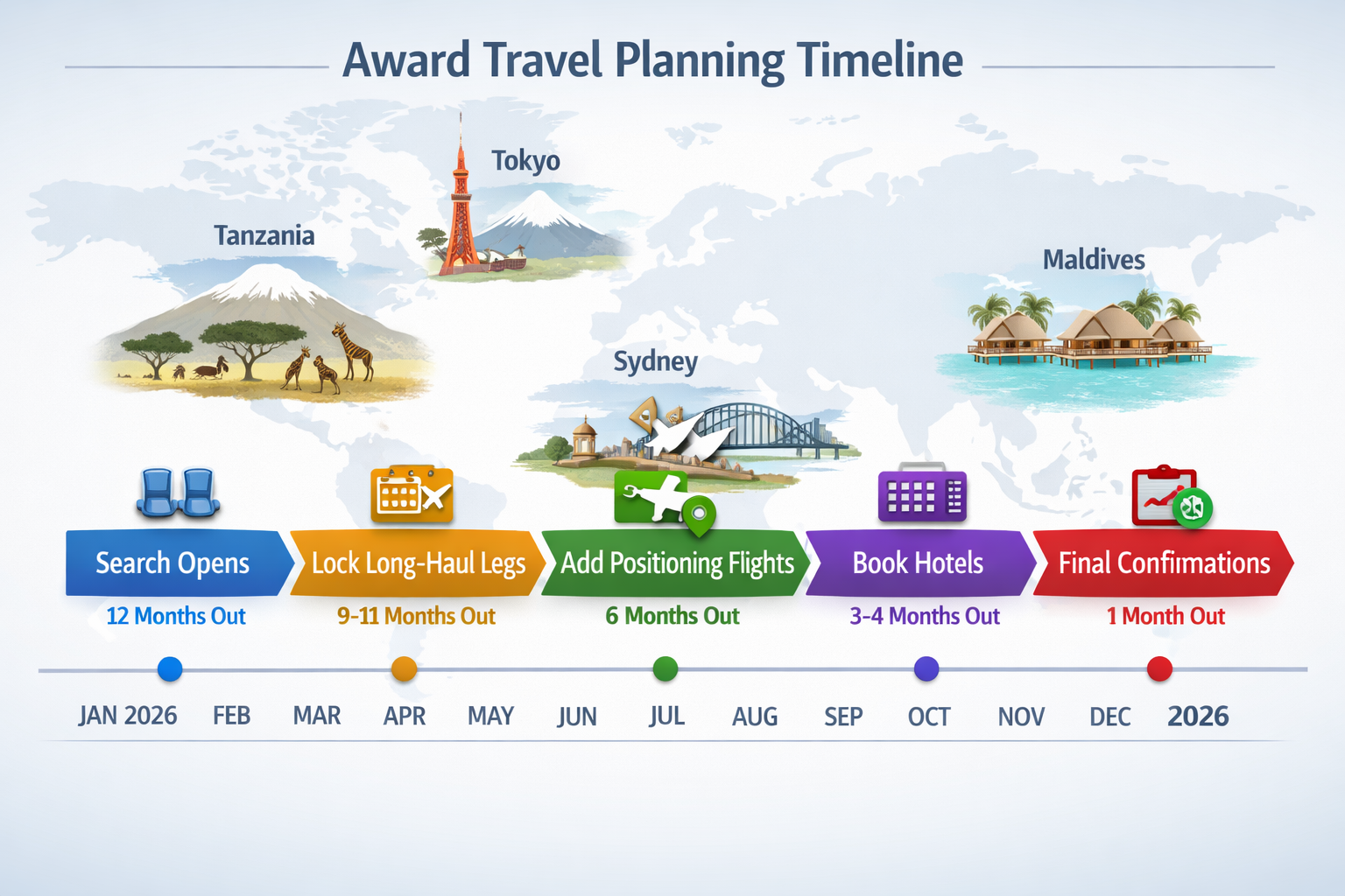 Detailed editorial illustration (1536x1024) showing 12-month award travel planning timeline infographic. Horizontal timeline spans from Janu