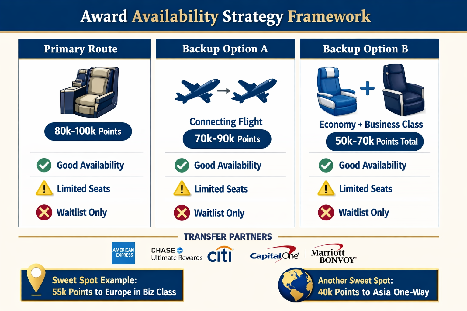 Comprehensive visual comparison chart (1536x1024) displaying award availability strategy framework. Split into three vertical columns: 'Prim
