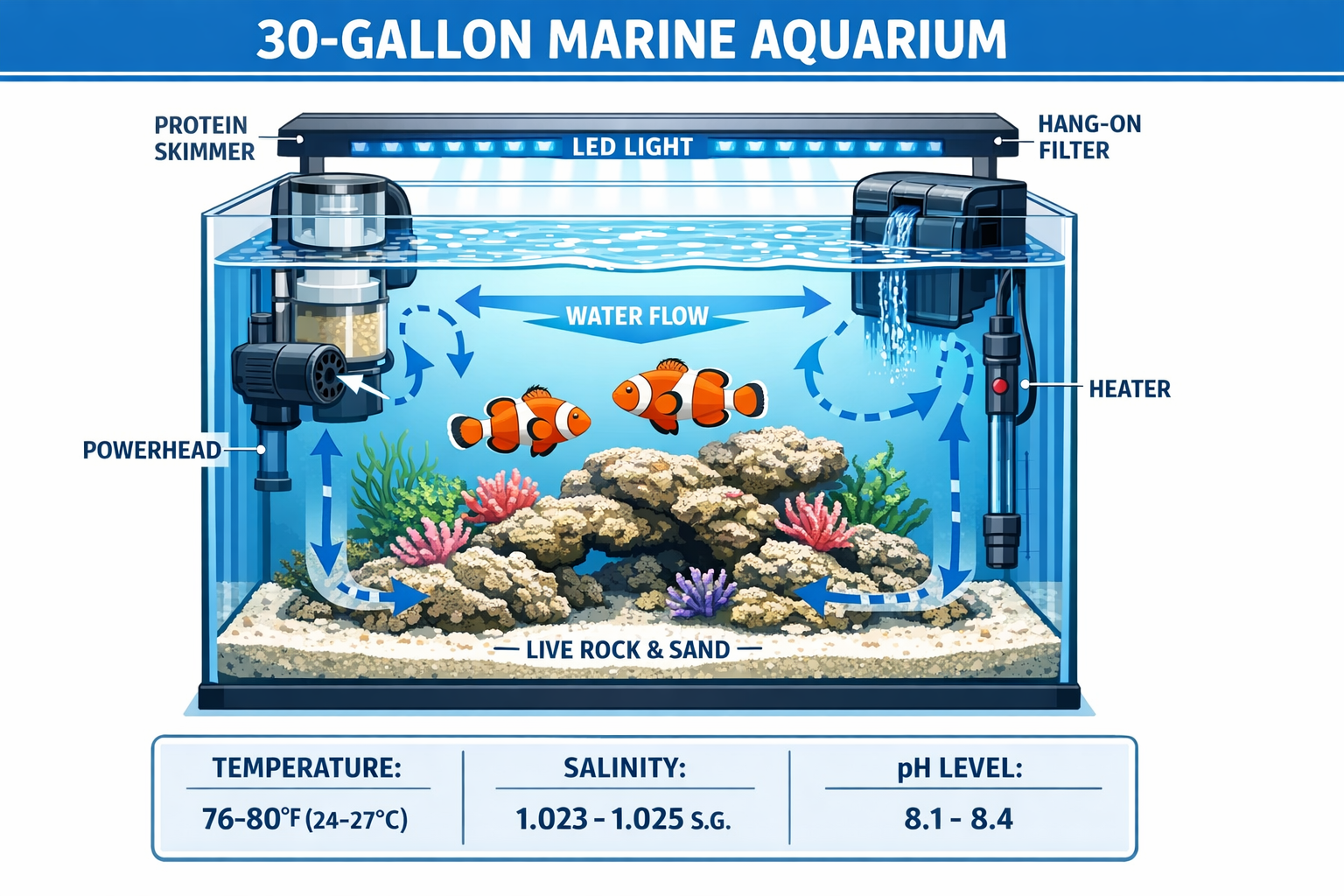 Detailed aquarium setup diagram showing 30-gallon marine tank with proper filtration system, protein skimmer, heater, LED lighting, live roc