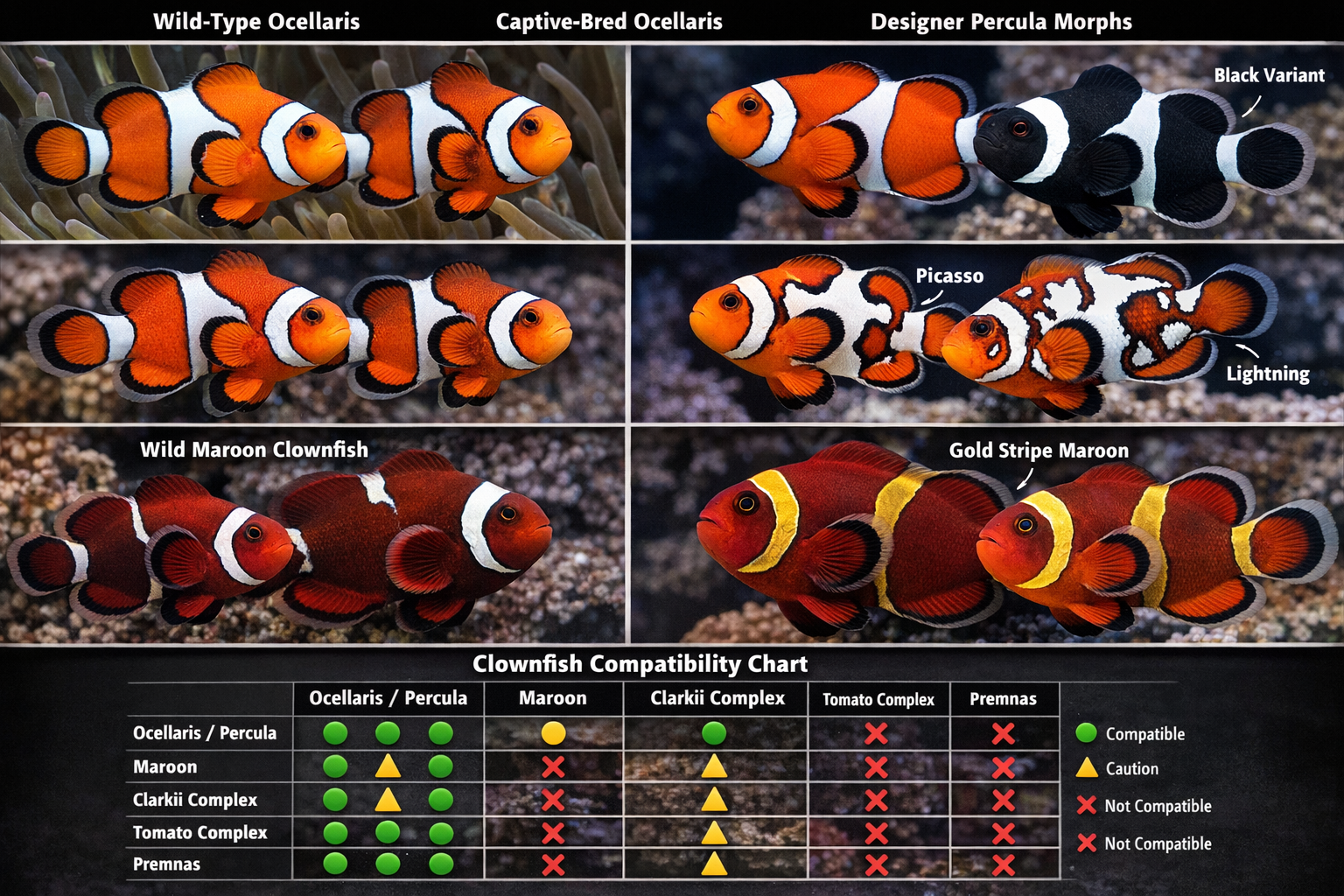 Close-up photography of various clownfish species morphs including Ocellaris, Percula, Maroon, and designer varieties like Snowflake, Picass