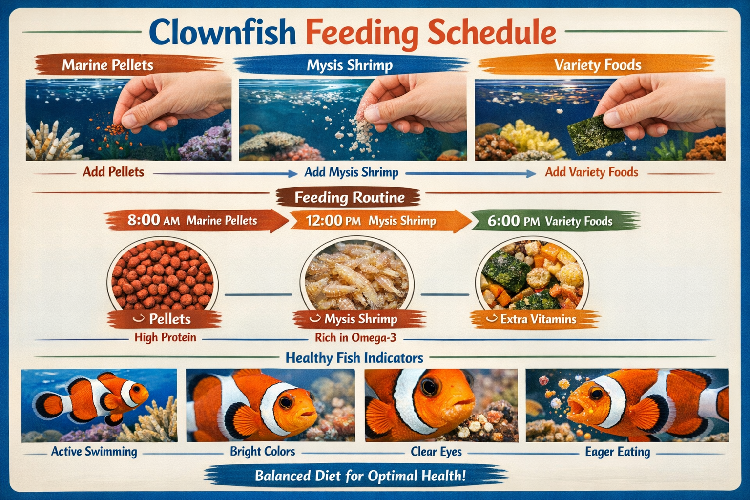 Step-by-step feeding sequence showing clownfish consuming high-quality marine pellets, frozen mysis shrimp, and supplemental foods. Visual f