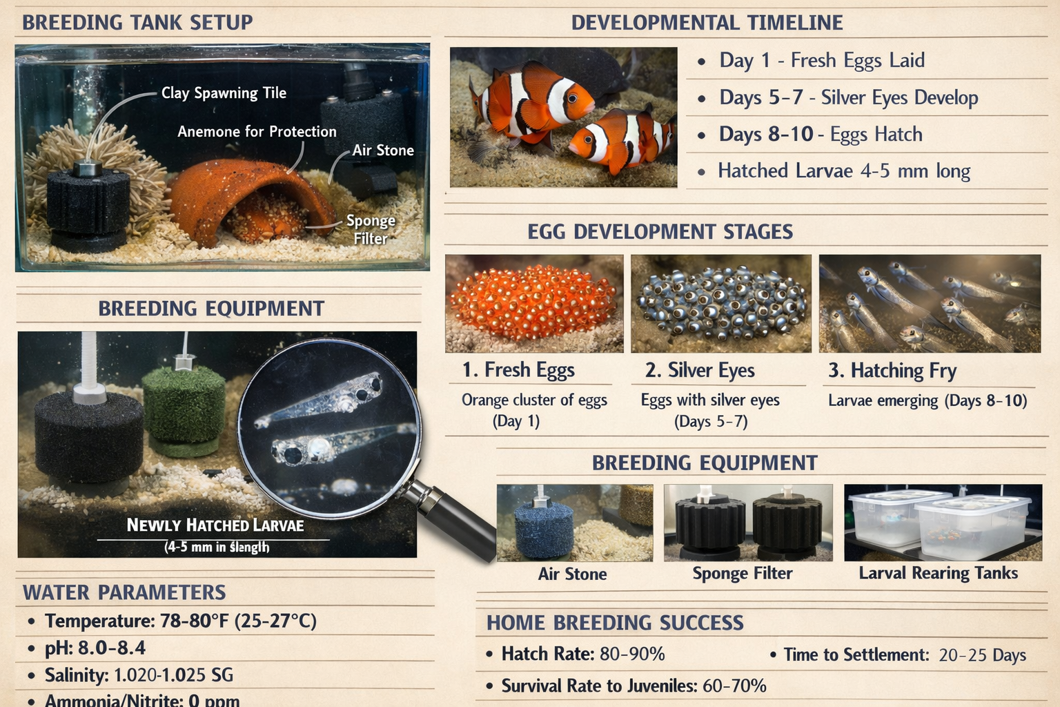 Breeding tank setup with spawning substrate, protective anemone, and clownfish pair exhibiting courtship behavior. Egg development stages fr