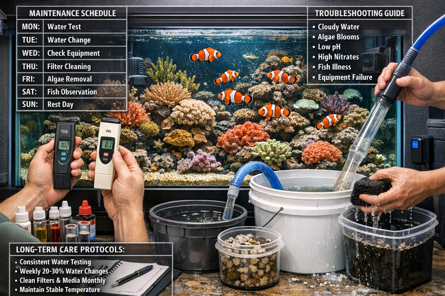 Professional aquarium maintenance scene showing water testing with digital meters, partial water changes using siphon equipment, filter medi