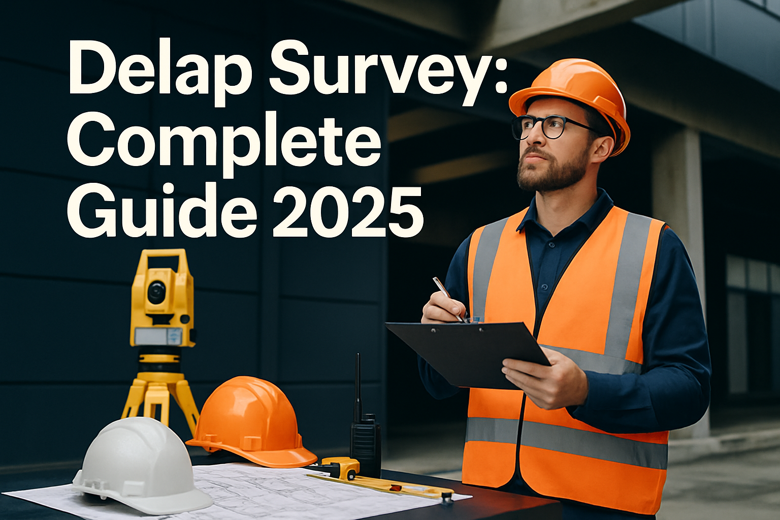 Professional landscape hero image (1536x1024) featuring bold text overlay 'Delap Survey: Complete Guide 2025' in extra large 72pt white sans