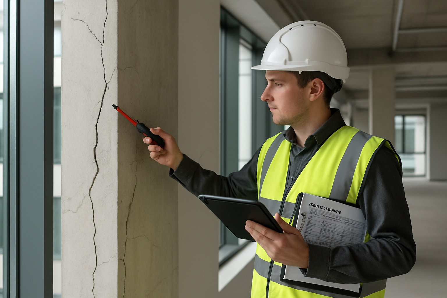 Professional surveyor conducting delap survey inspection inside commercial building, wearing safety helmet and high-vis vest, holding tablet
