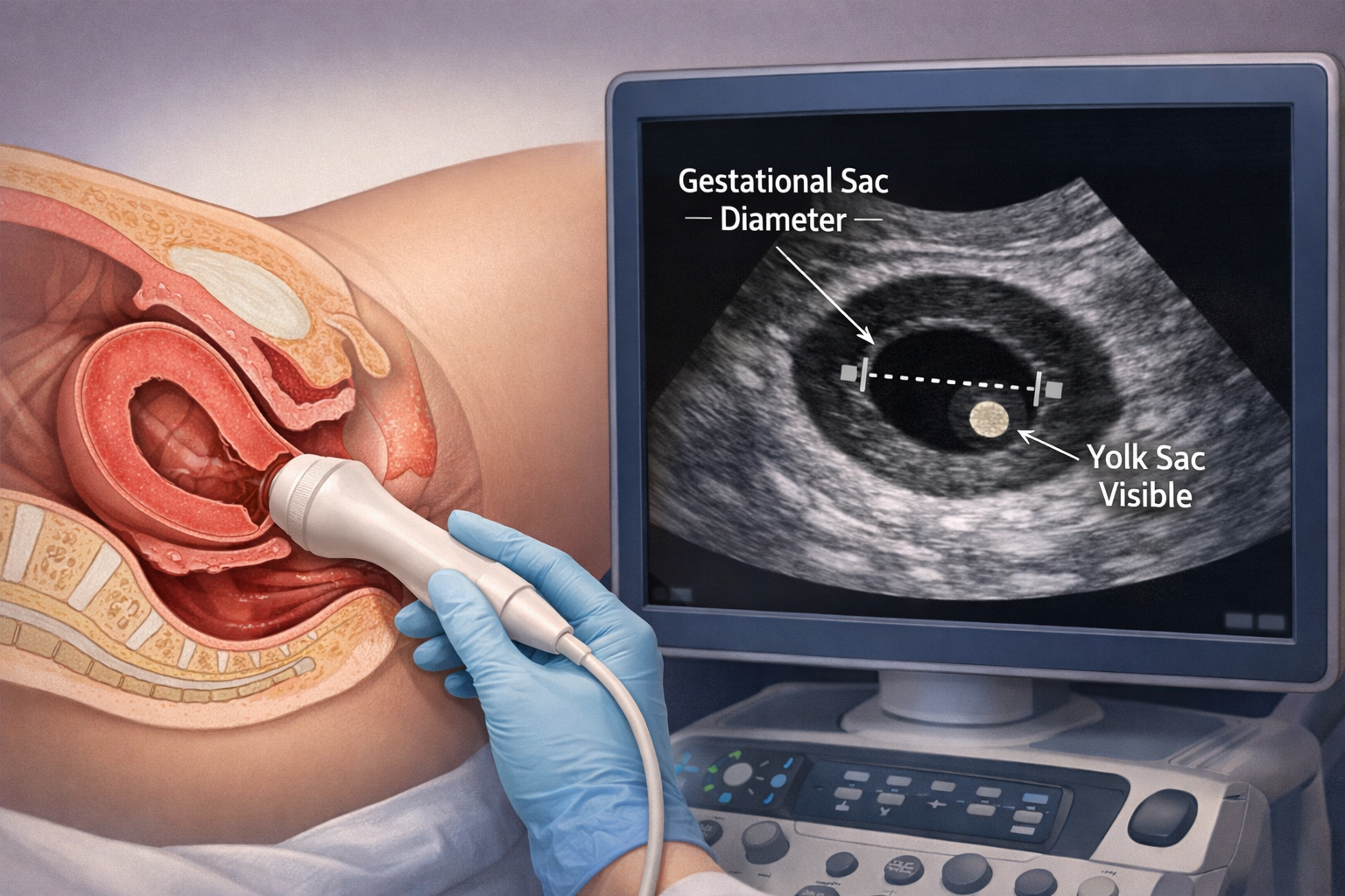 Detailed () image illustrating a transvaginal ultrasound probe scanning a uterus, with a magnified, clear view of a