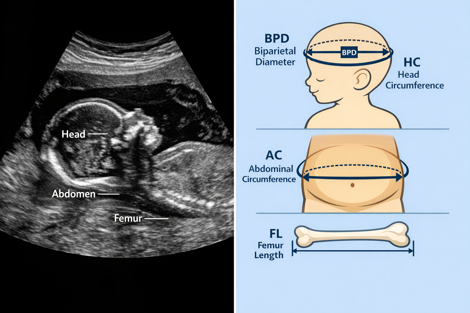 Detailed () image featuring a split screen. One side shows a high-resolution ultrasound image of a fetus in the second