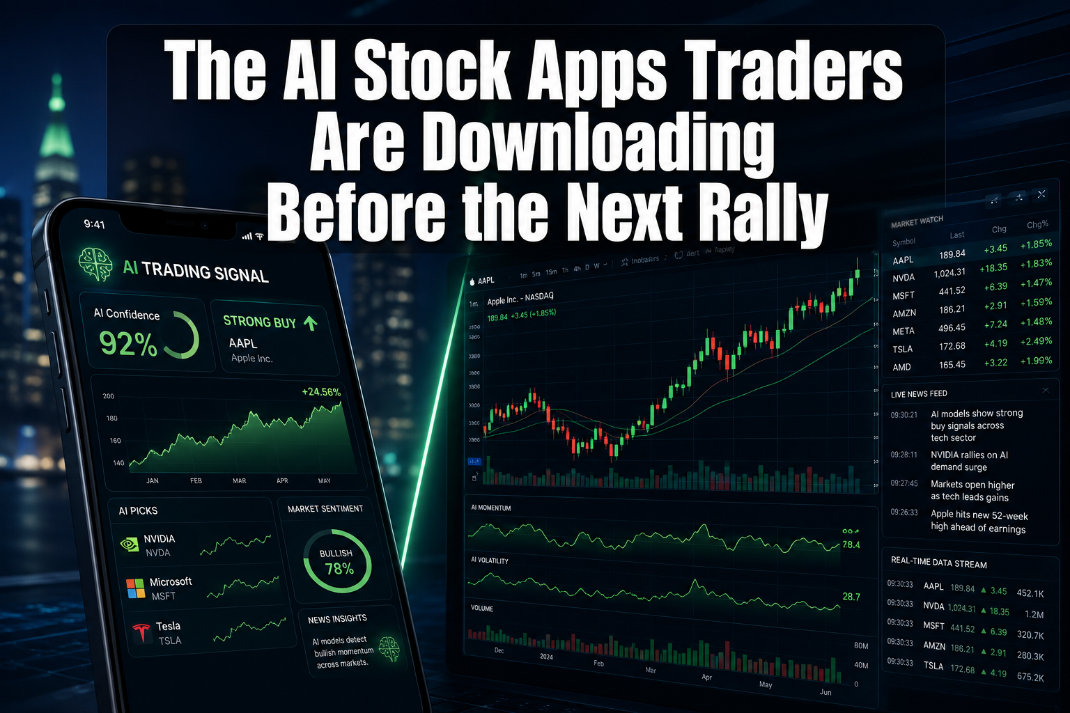Professional () hero image with : 'The AI Stock Apps Traders Are Downloading Before the Next Rally' in extra large white