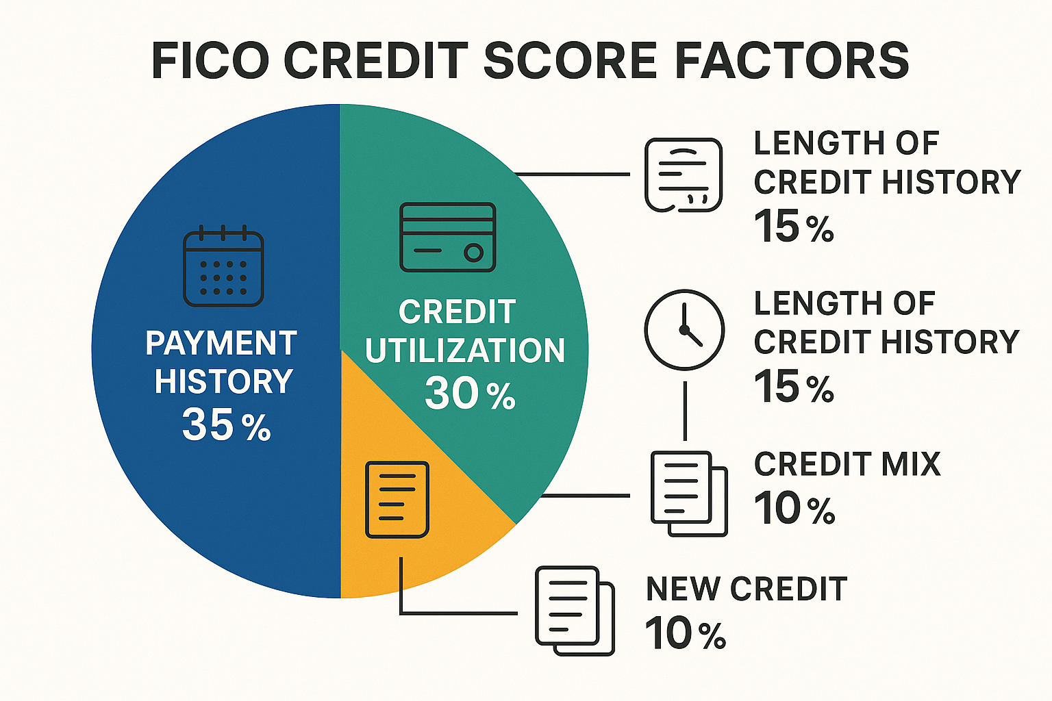 Detailed infographic-style illustration (1536x1024) showing five weighted pie chart segments representing FICO credit score factors: Payment