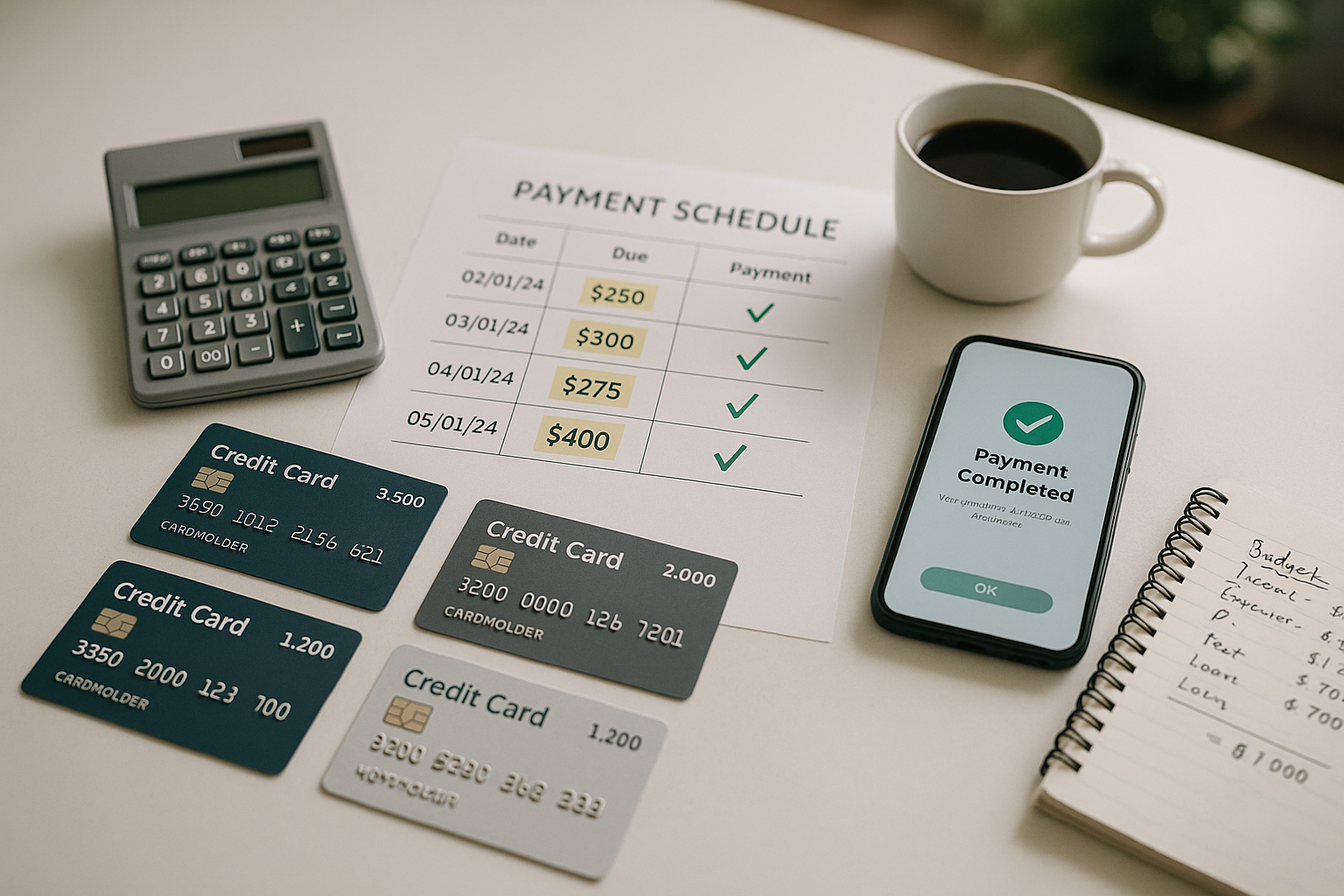 Landscape editorial photograph (1536x1024) depicting organized debt reduction strategy visualization: clean white desk from above showing ca