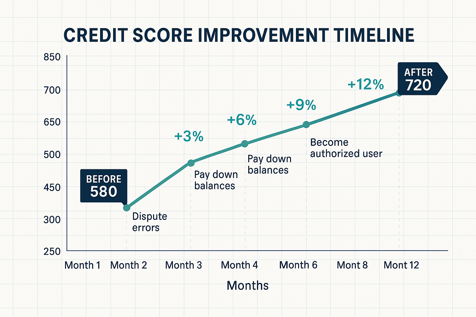 Modern data visualization chart (1536x1024) showing credit score improvement timeline over 12 months: line graph with upward trajectory from