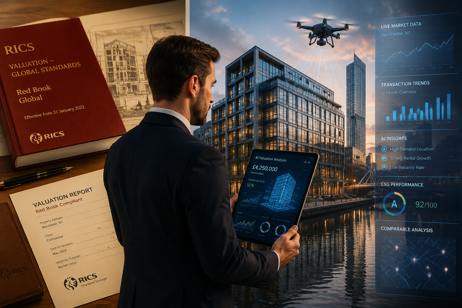 Wide () editorial illustration showing a UK chartered surveyor in professional attire standing at a modern Manchester