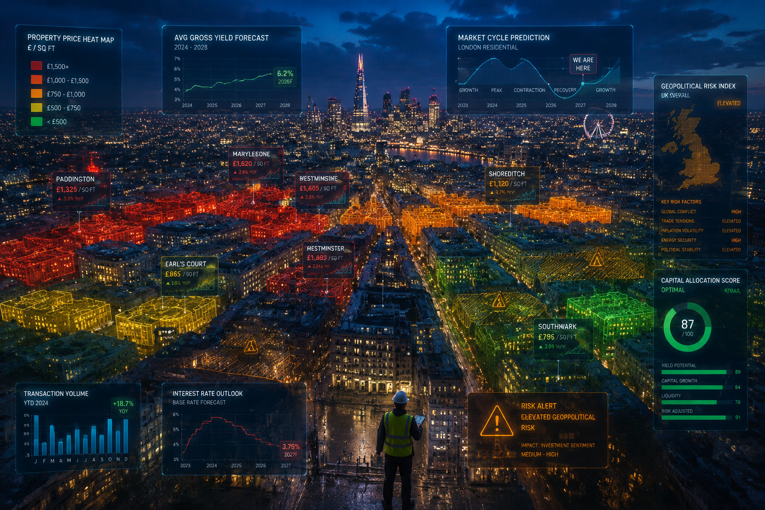 () dramatic bird's-eye aerial perspective showing a UK city skyline with digital data visualization overlays: property price