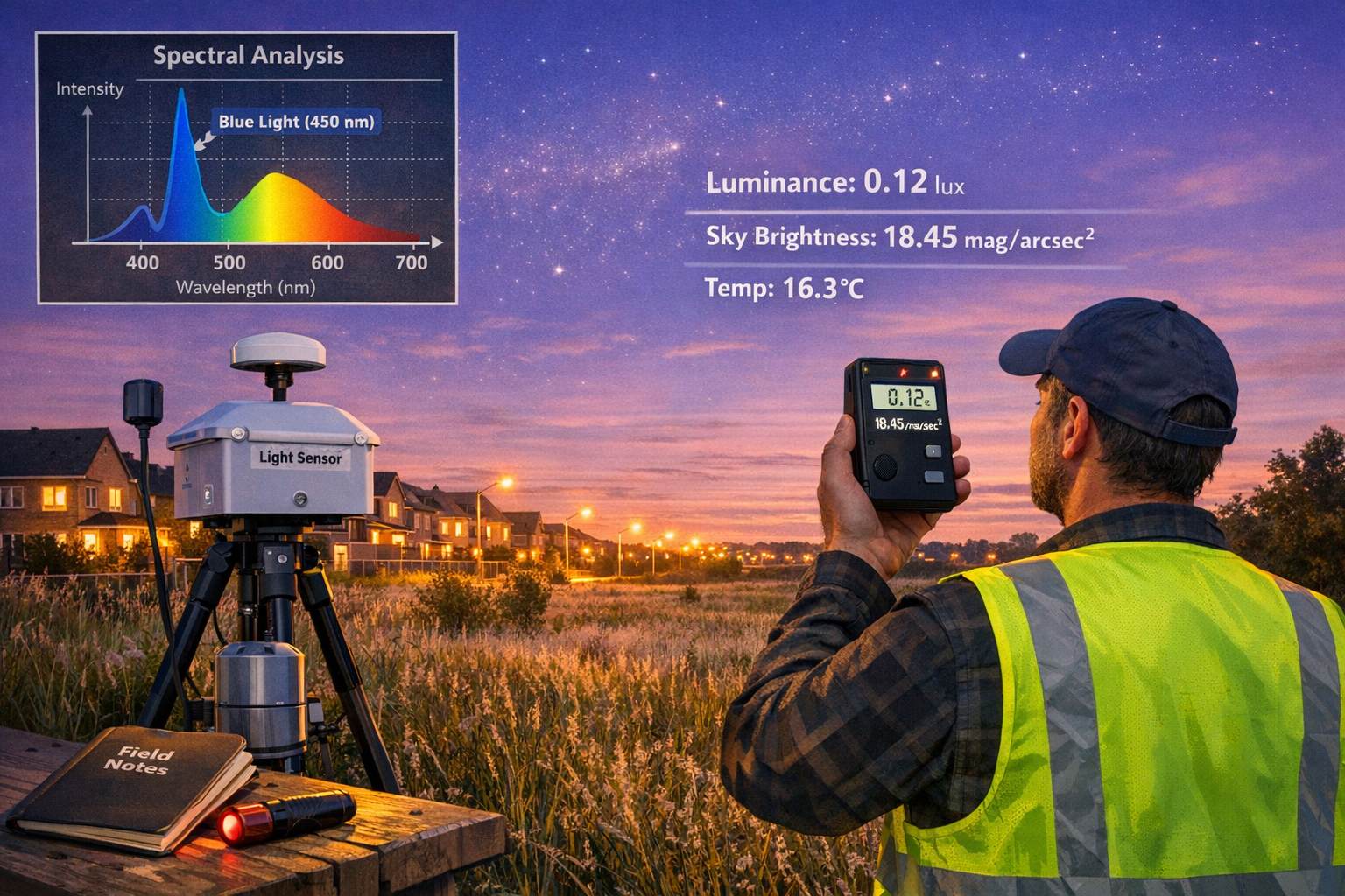 () detailed technical illustration showing ecologist in high-visibility vest using handheld Sky Quality Meter (SQM) device