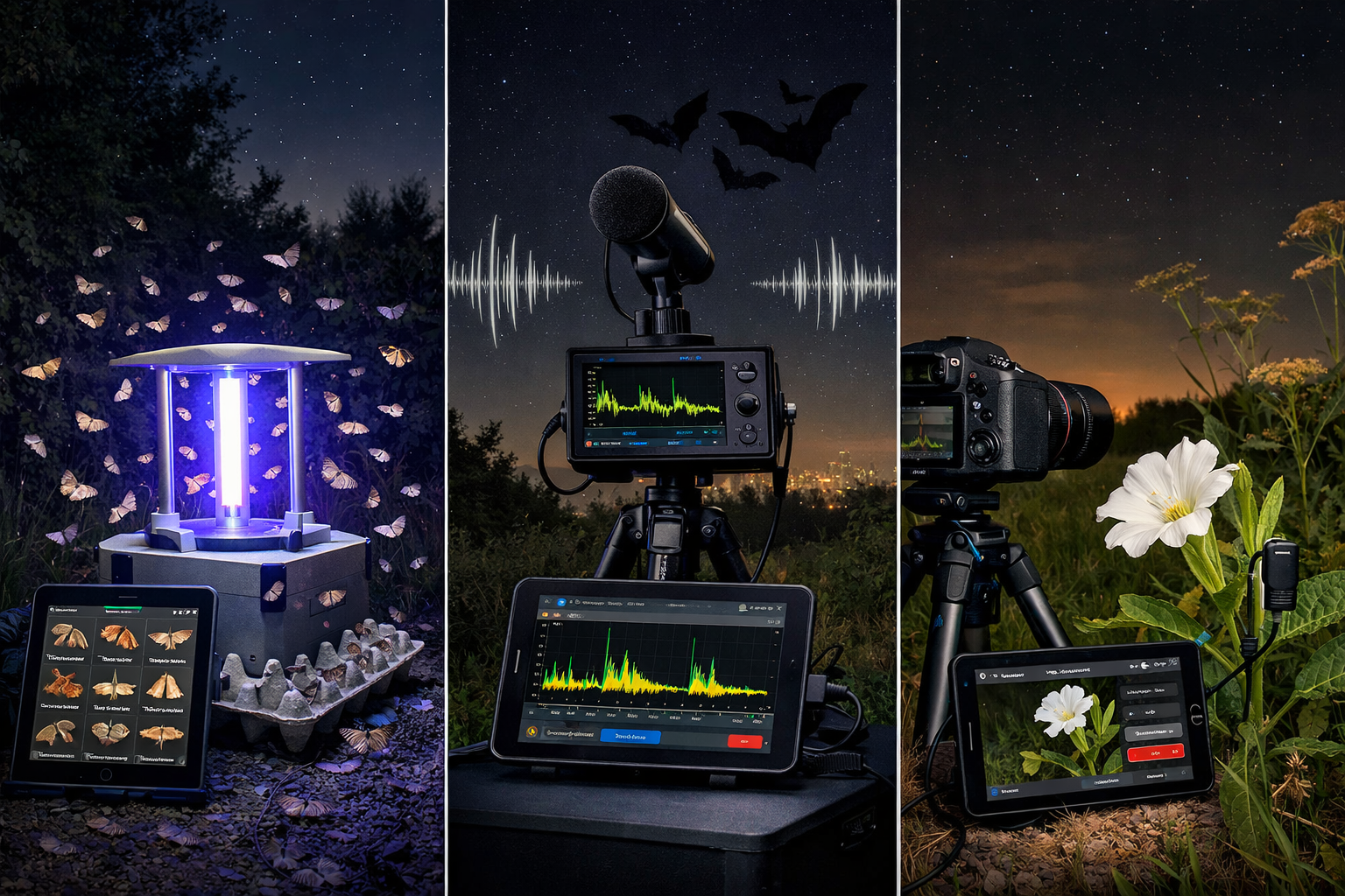 () composite image showing three distinct nocturnal biodiversity survey methods in urban fringe setting: left panel displays