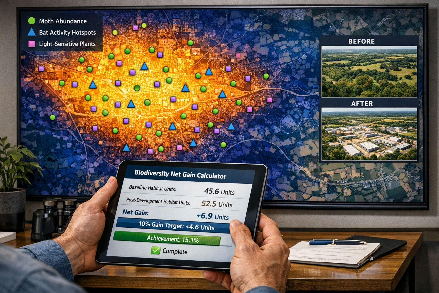 () professional data visualization showing large wall-mounted monitor displaying GIS light pollution heat map of urban