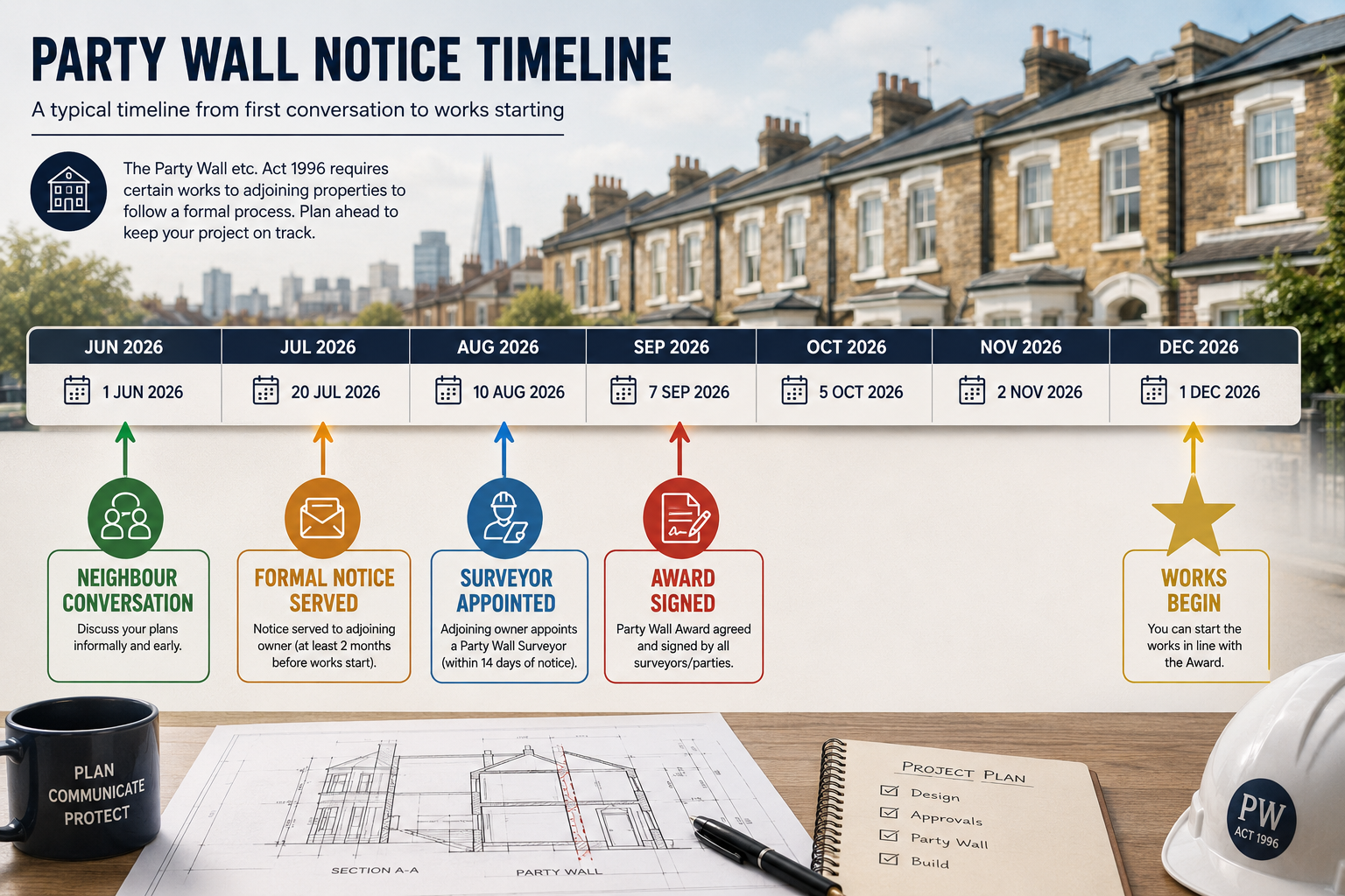 () infographic-style illustration showing a Party Wall notice timeline on a horizontal calendar strip: months labeled with
