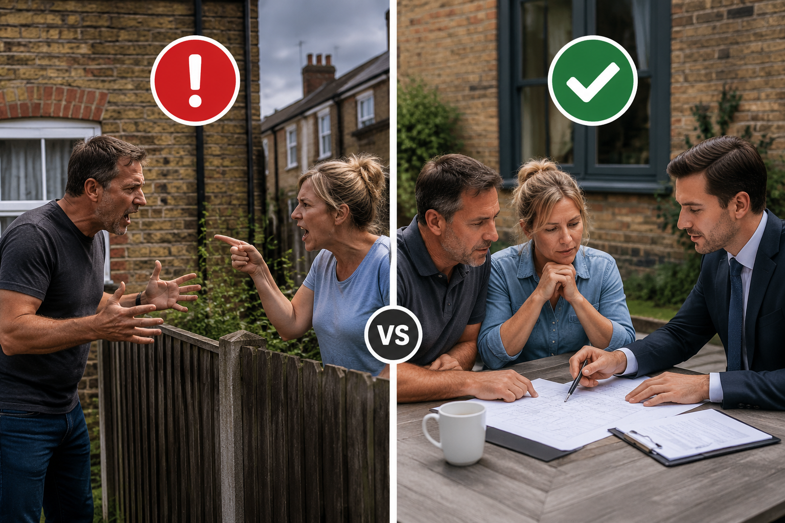 () split-scene image: left side shows two neighbours in a heated argument at a garden fence with red warning icons overhead;