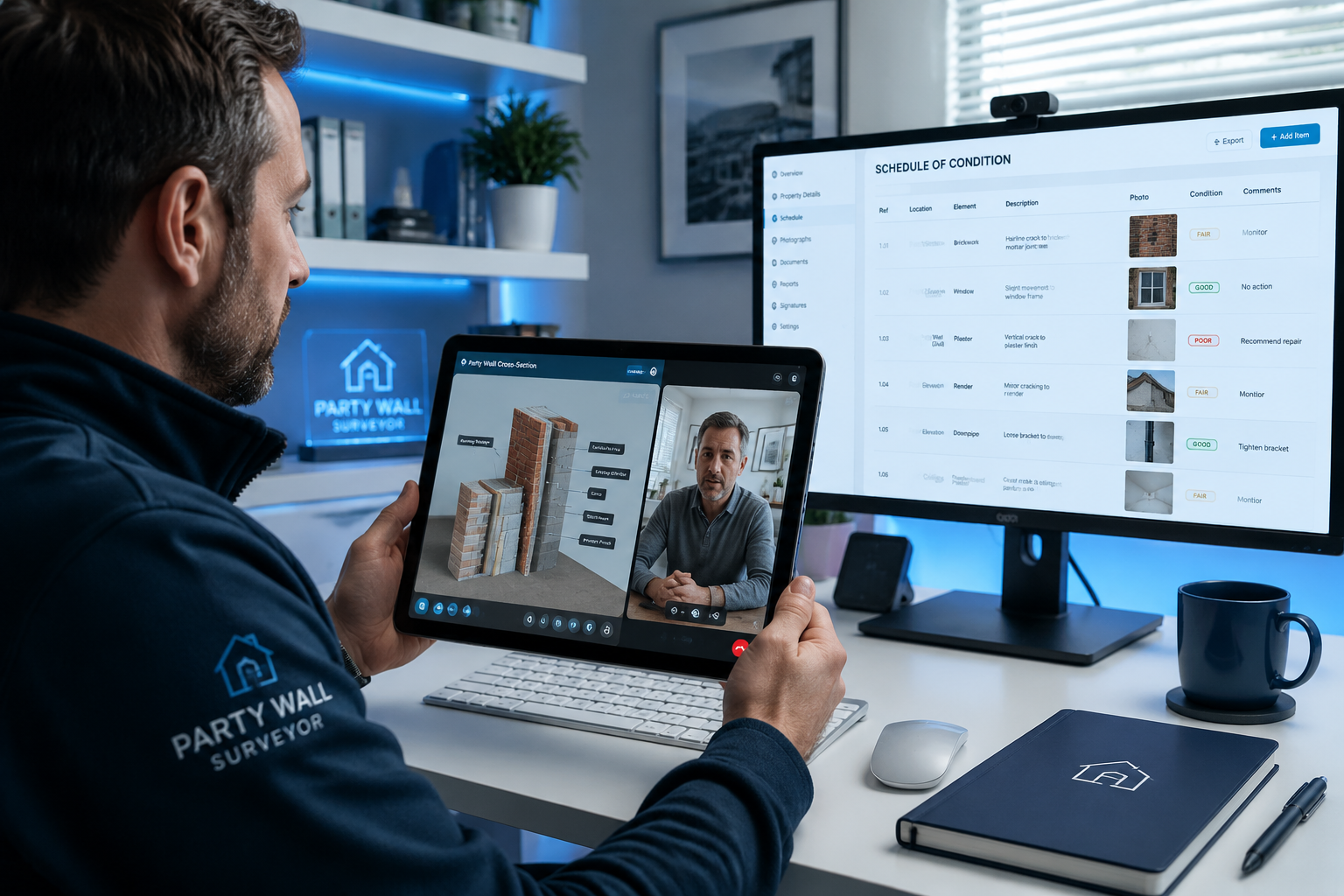 () technology-forward scene showing a party wall surveyor conducting a virtual inspection via tablet screen displaying a 3D