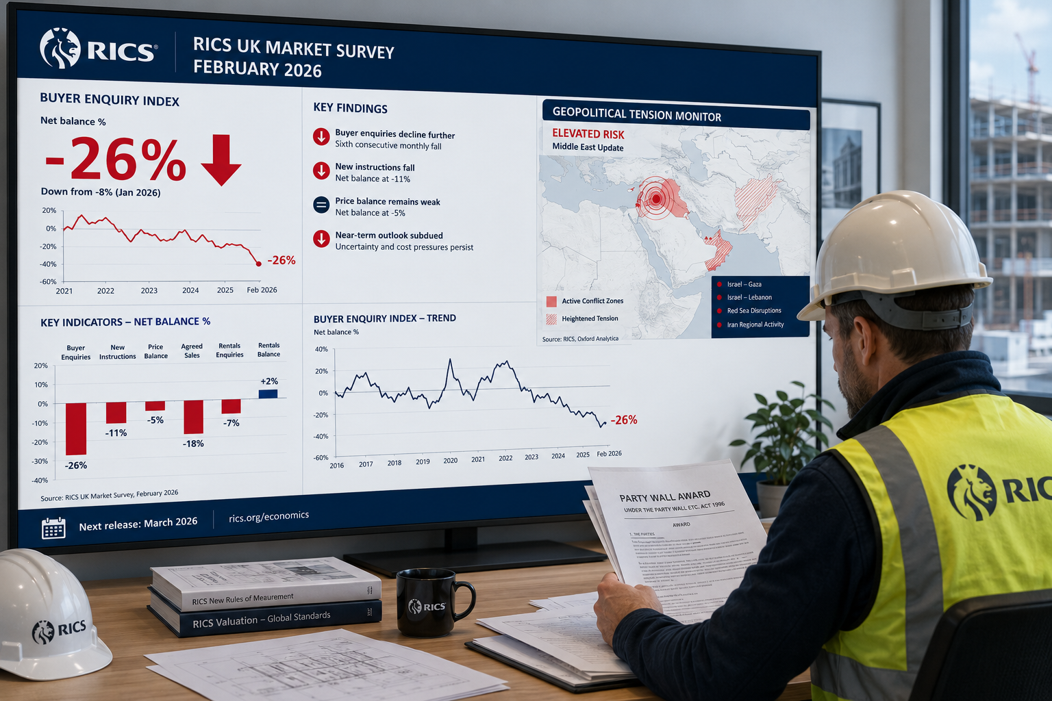 Wide-angle editorial illustration showing a RICS February 2026 market data dashboard on a large monitor screen, displaying