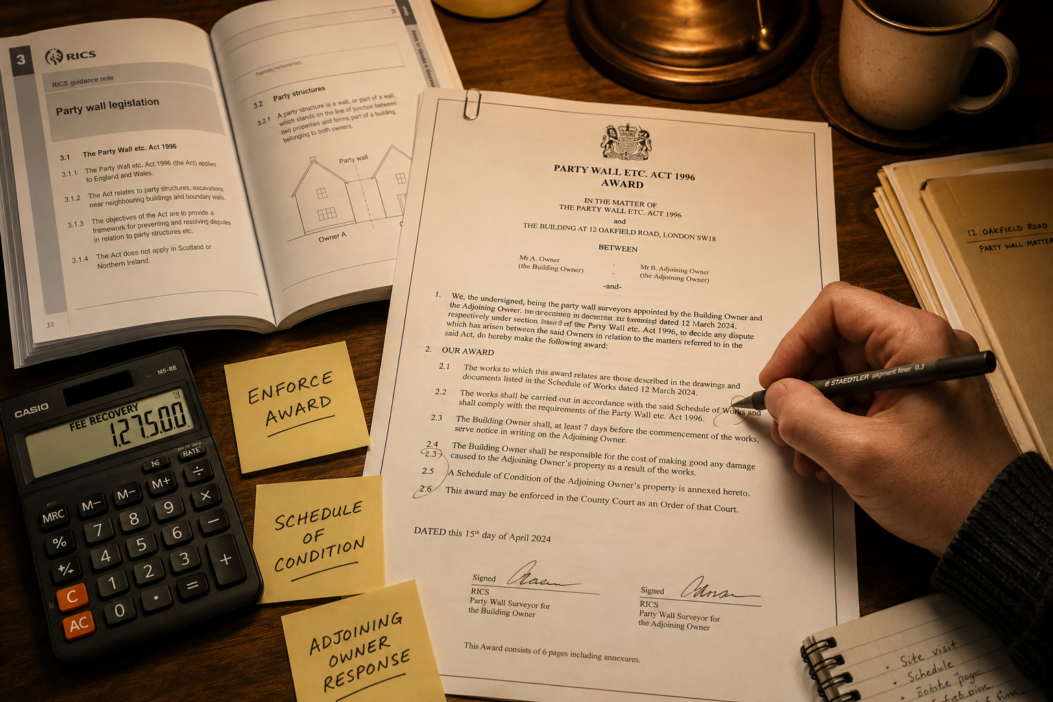 Close-up overhead shot of a party wall surveyor's desk with spread documents including a formal party wall award notice,