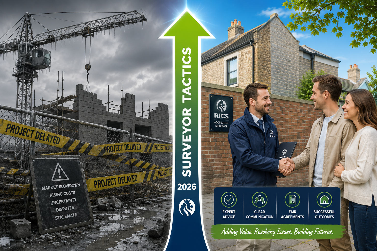 Dynamic split-panel infographic-style image showing two contrasting scenarios: left panel depicts a stalled construction