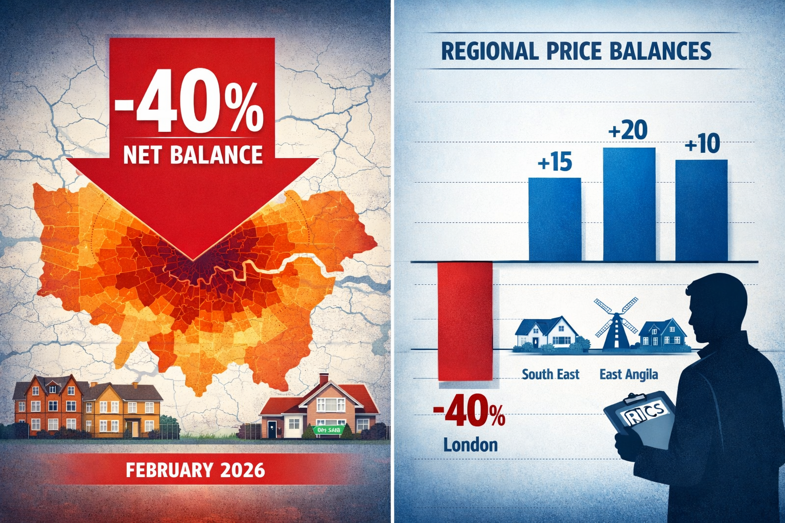 () editorial illustration showing split-screen comparison of London property market data. Left side displays large red