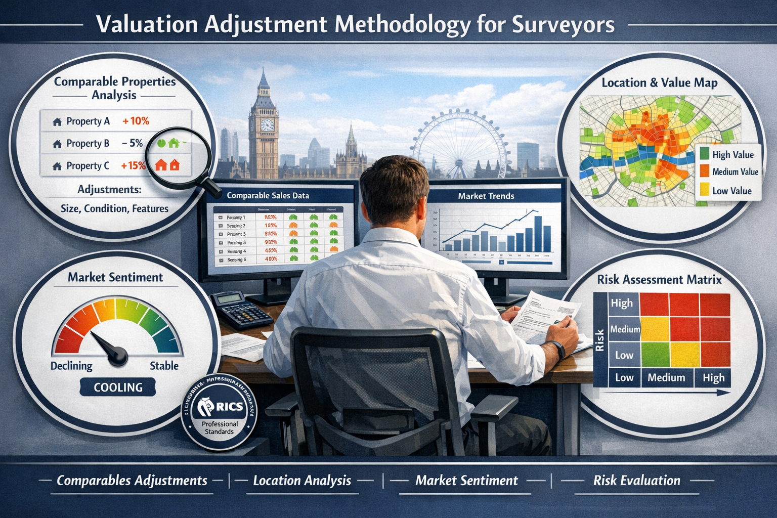 () detailed infographic showing valuation adjustment methodology for surveyors. Central focus on professional surveyor