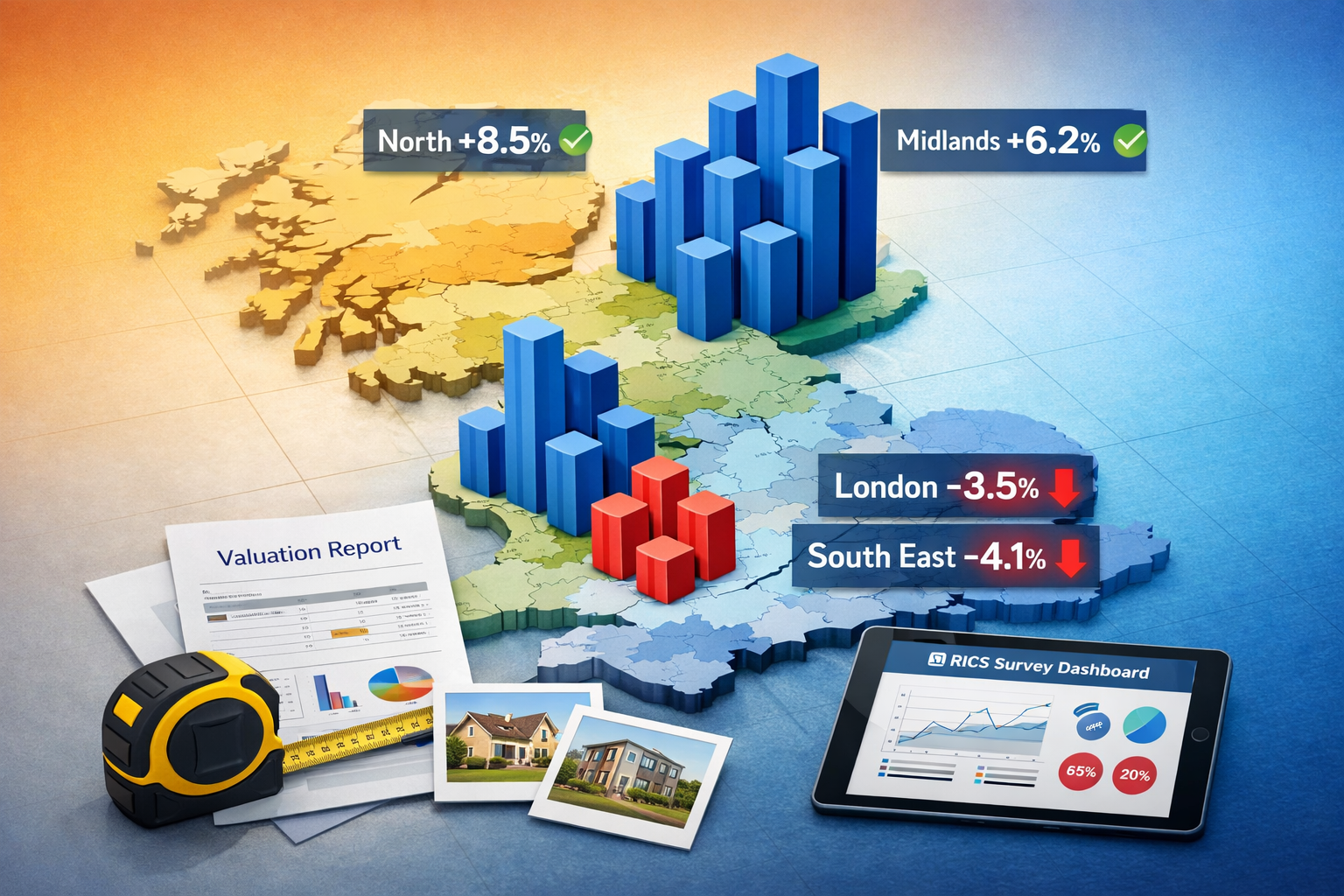 () conceptual illustration depicting regional market divergence across UK property landscape. Main visual shows stylized map