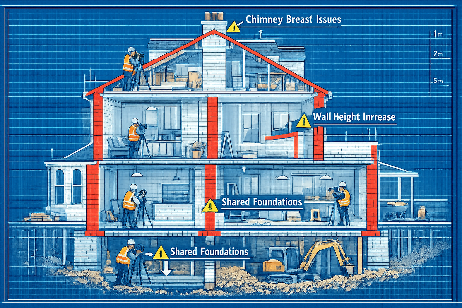 () cutaway architectural visualization of three-story Victorian terraced house showing simultaneous loft conversion, rear