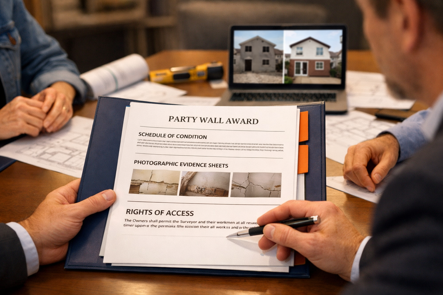 () professional meeting scene showing agreed surveyor presenting party wall award document across modern conference table.