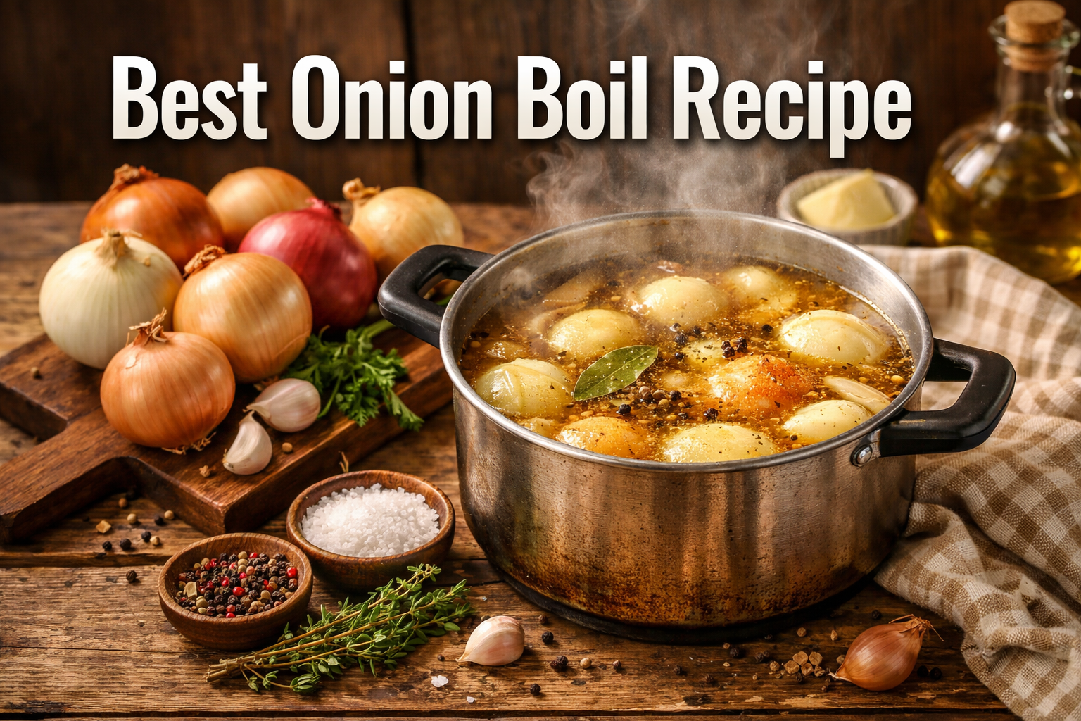 Professional landscape hero image (1536x1024) featuring bold text overlay 'Best Onion Boil Recipe' in extra large 72pt white sans-serif font