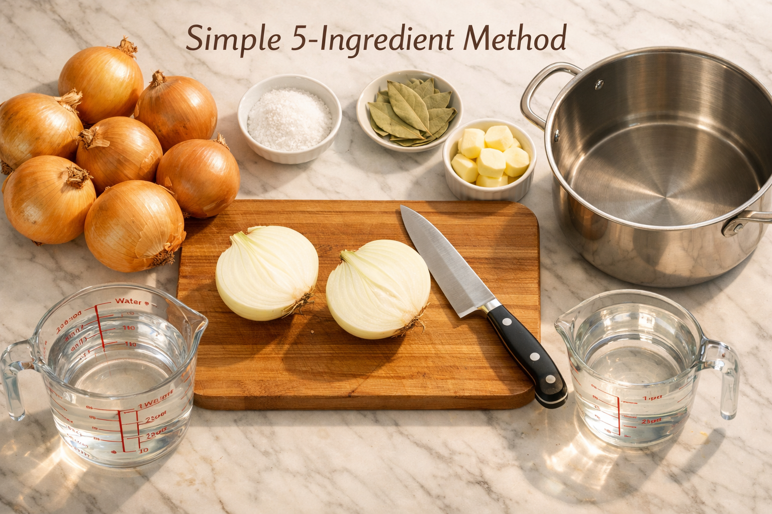 Detailed landscape image (1536x1024) showing step-by-step onion boil preparation with ingredients laid out on marble countertop: whole yello