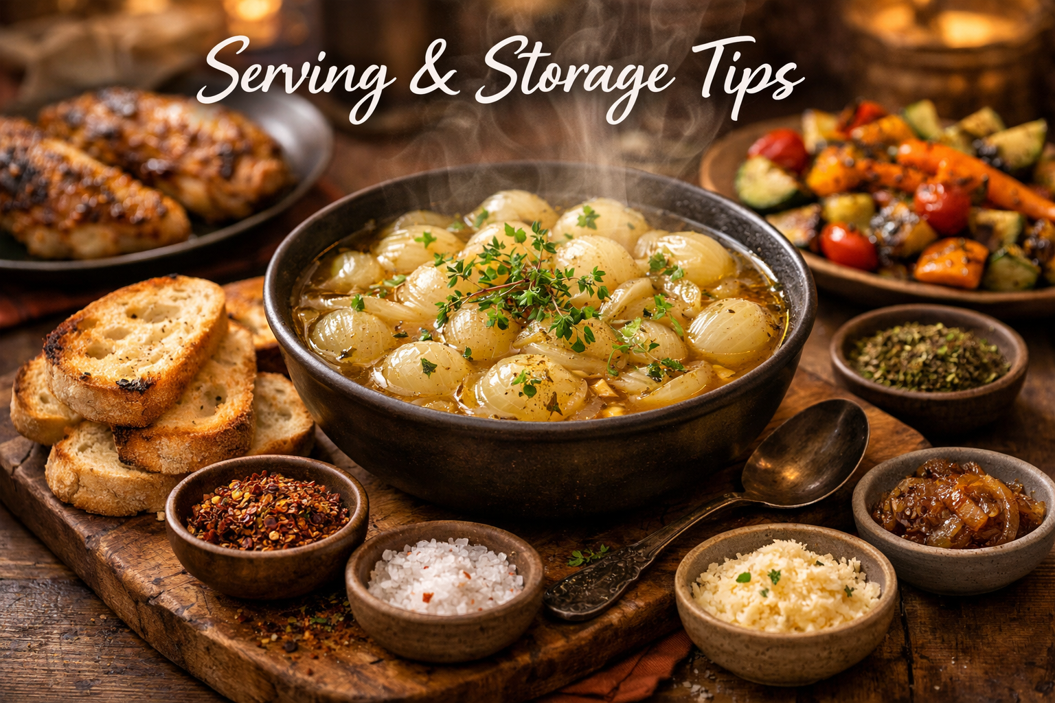 Landscape image (1536x1024) featuring steaming bowl of perfectly cooked onion boil with golden translucent onions, garnished with fresh herb