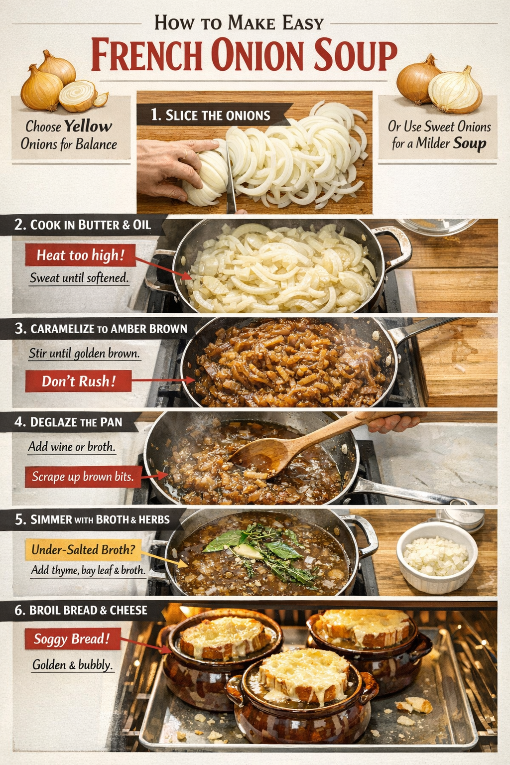 Portrait editorial infographic-style image, , designed for a how-to section on making easy french onion soup step by step.