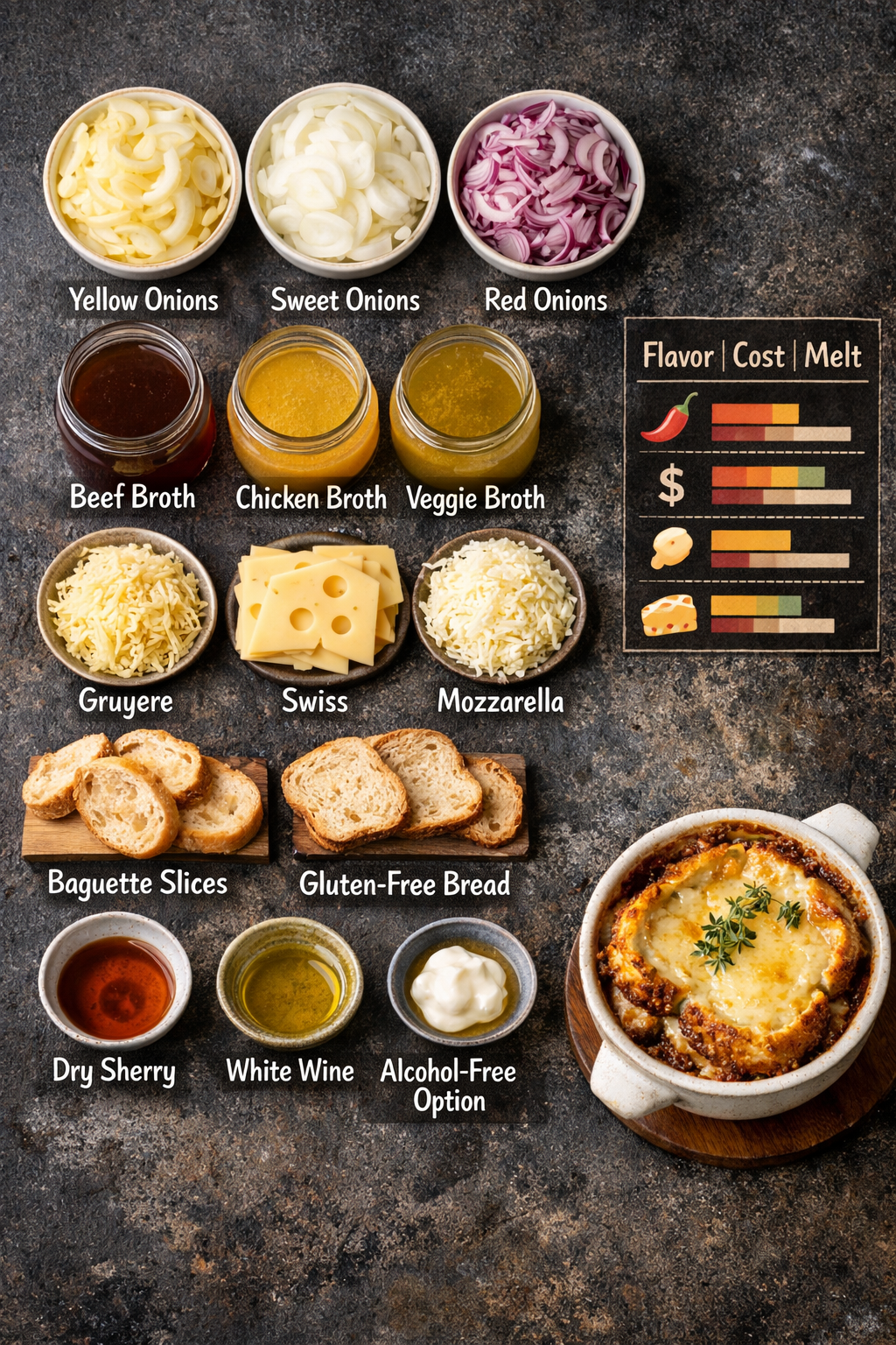 Portrait editorial comparison image, , for a section about ingredients, swaps, and troubleshooting easy french onion soup.