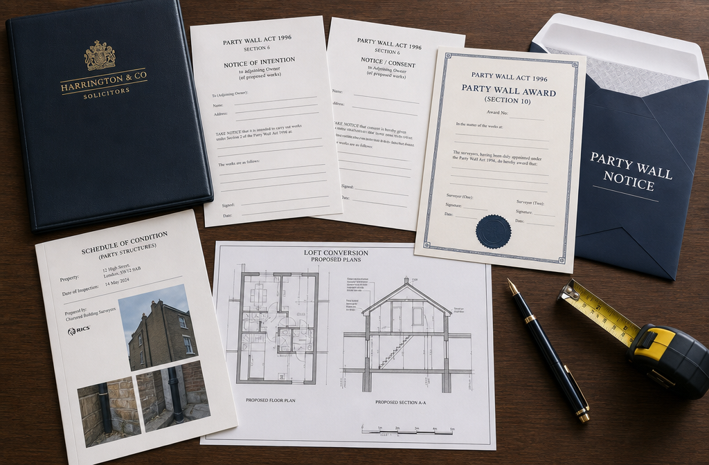 Detailed () flat-lay overhead shot of a solicitor's desk showing Party Wall Act 1996 notice documents, a party wall award