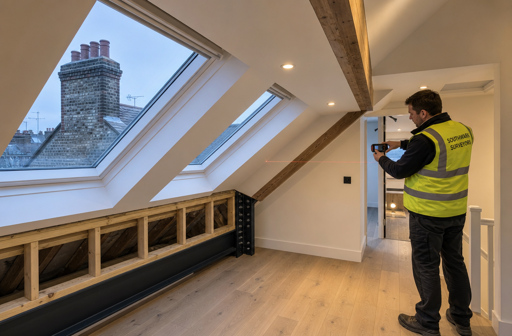 Detailed () wide-angle view of a completed loft conversion interior in a semi-detached London property, showing Velux