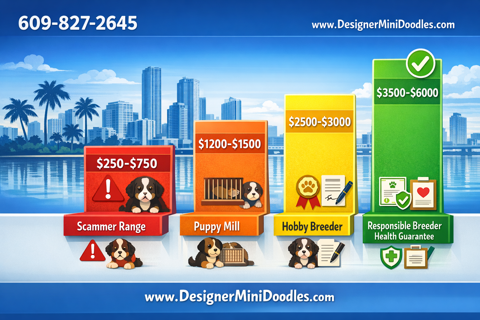 () creative price comparison bar graph infographic showing four pricing tiers for miniature Bernese Mountain Dog puppies: