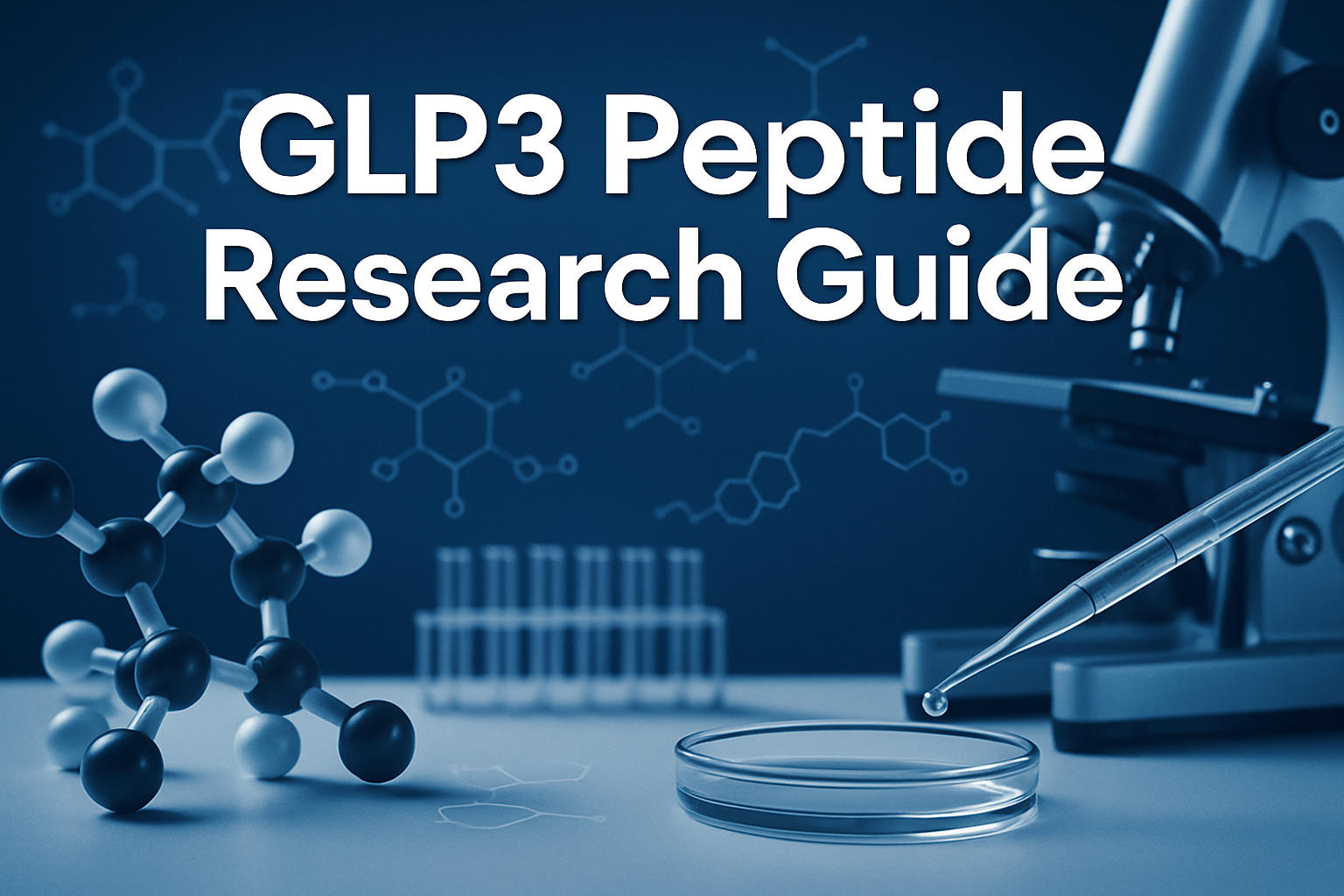 Professional landscape hero image (1536x1024) featuring bold text overlay 'GLP3 Peptide Research Guide' in extra large 72pt white sans-serif