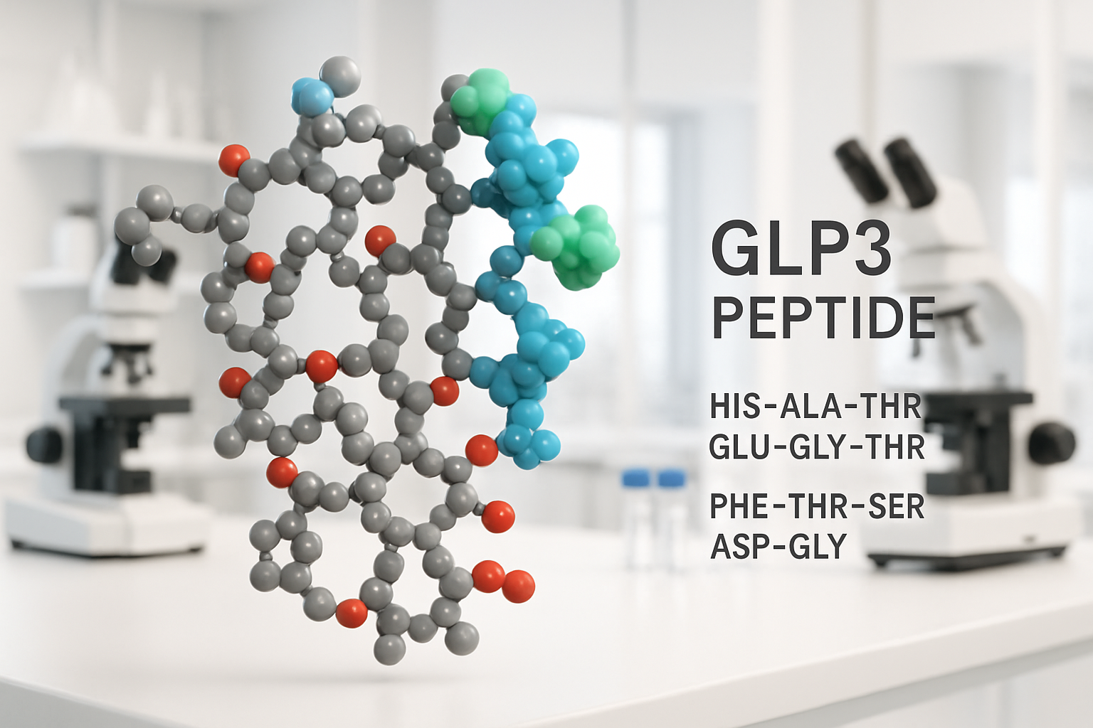 Scientific laboratory scene showing GLP3 peptide molecular structure in 3D rendering with amino acid chains, receptor binding sites highligh