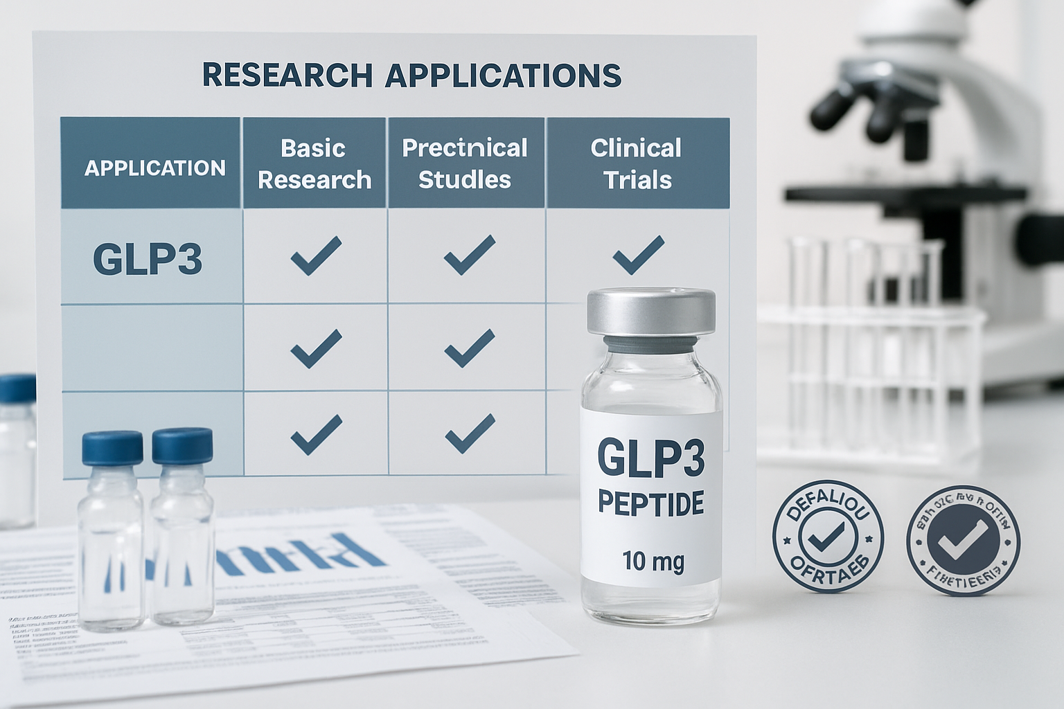 Comparison chart displaying different peptide research applications with GLP3 peptide prominently featured, laboratory vials and testing equ