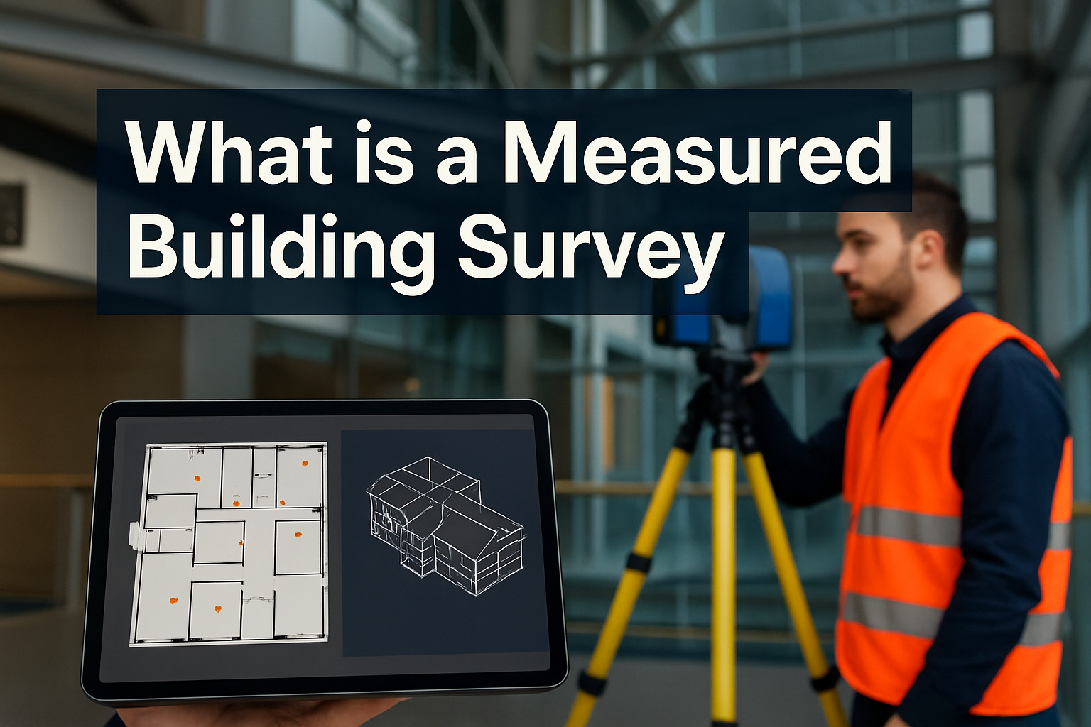 Professional landscape hero image (1536x1024) featuring bold text overlay 'What is a Measured Building Survey' in extra large 72pt white san