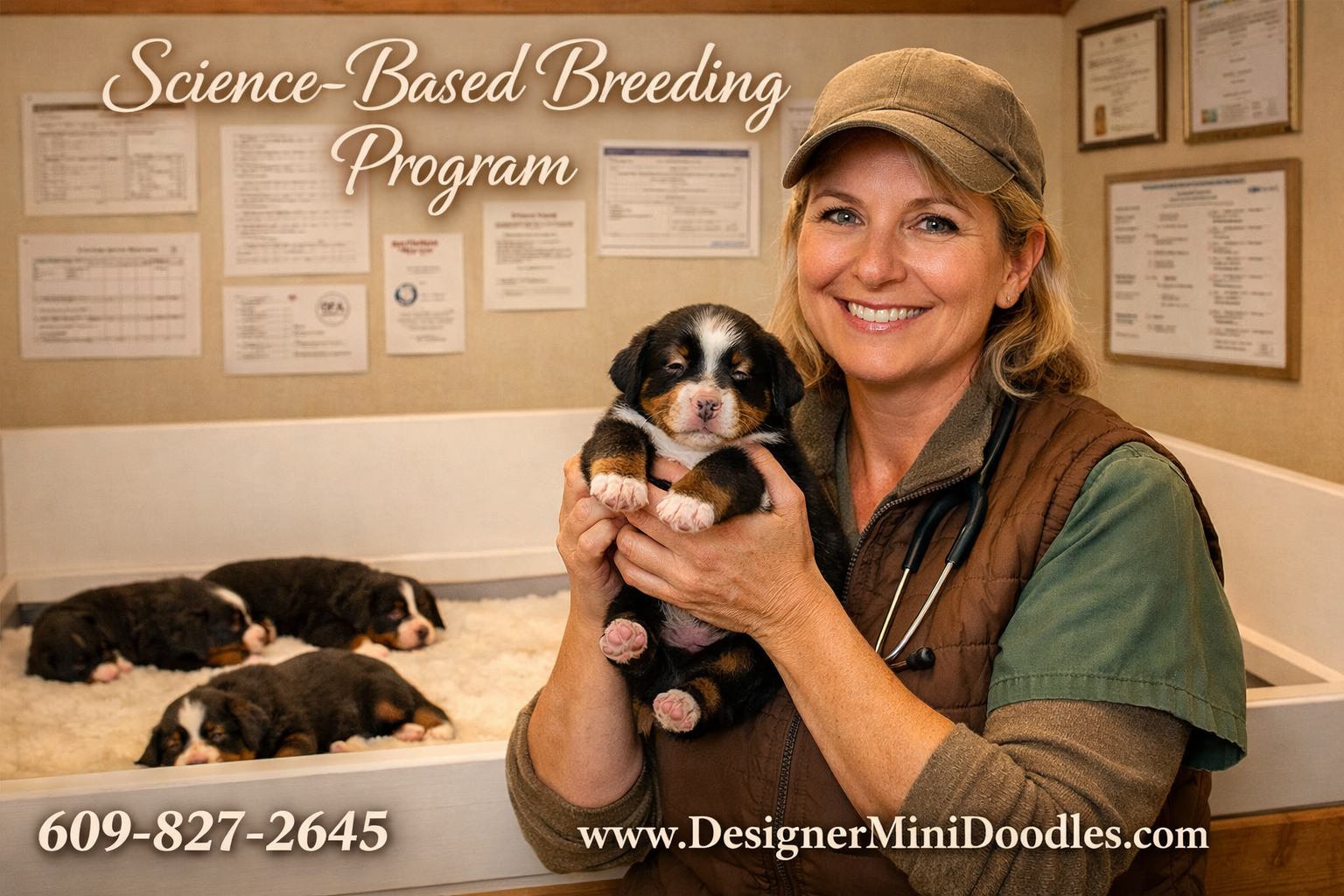 () warm photograph of a professional animal biologist in a clean whelping room holding a tiny tri-color Bernese Mountain Dog